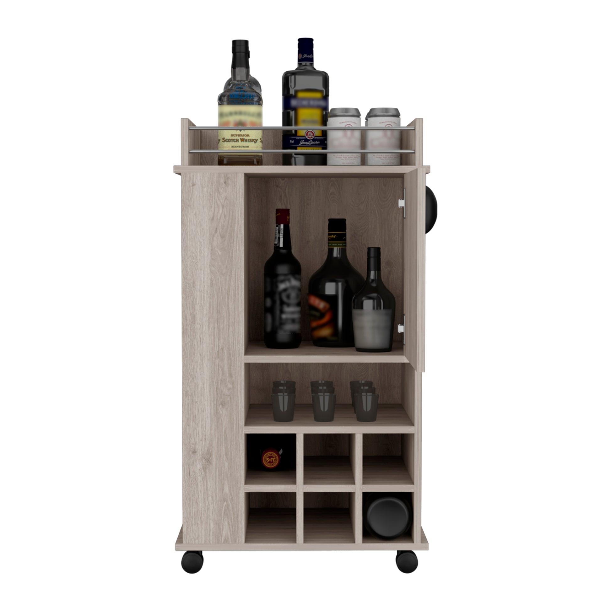 Fargo Bar Cart With Cabinet, 6 Built In Wine Rack And Casters Grey Primary Living Space Modern Particle Board Engineered Wood