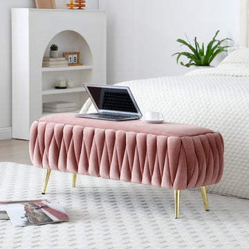 Oval Storage Bench With Gold Legs,Velvet Fabric Upholstered Ottoman Storage Benches For Bedroom End Of Bed,Sherpa Fabric Bench For Living Room,Dining Room,Entryway,Bed Side,Dark Pink,5 Colors Dark Pink Velvet