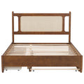 Queen Size Wooden Rattan Platform Bed, With 2 Big Drawers, T Size Trundle, Brown Queen Brown Plywood