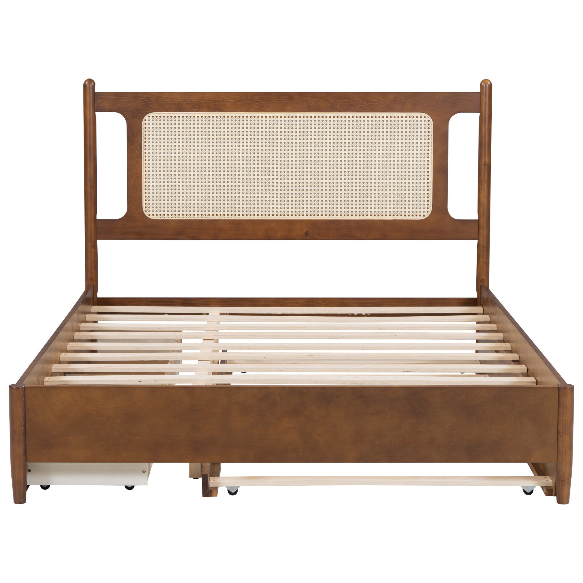 Queen Size Wooden Rattan Platform Bed, With 2 Big Drawers, T Size Trundle, Brown Queen Brown Plywood