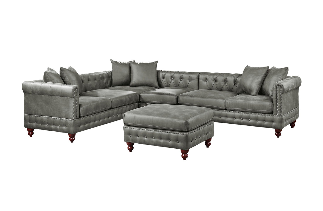 Slate Grey 4Pc Sectional Set 3X Reversible Loveseat Chaise And 1X Ottoman Tufted Couch Pillows Light Slate Grey Faux Leather Wood Primary Living Space Tight Back Contemporary,Luxury,Traditional