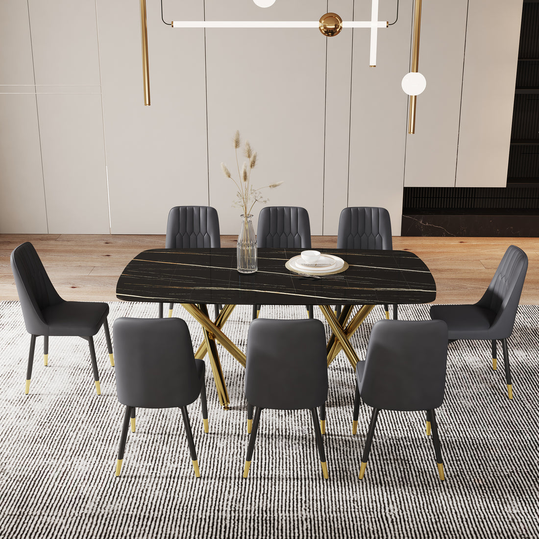 Large Modern Minimalist Rectangular Dining Table With 0.39 "Imitation Marble Black Desktop And Gold Metal Legs, Paired With 8 Chairs With Pu Cushions And Black Metal Legs.F 1538 C 007 Black Gold Glass Metal