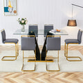 Table And Chair Set,Clear Tempered Glass And Black Legs Of The Table, Pu And Gold Legs Of The Chair Black Grey Seats 6 Tempered Glass