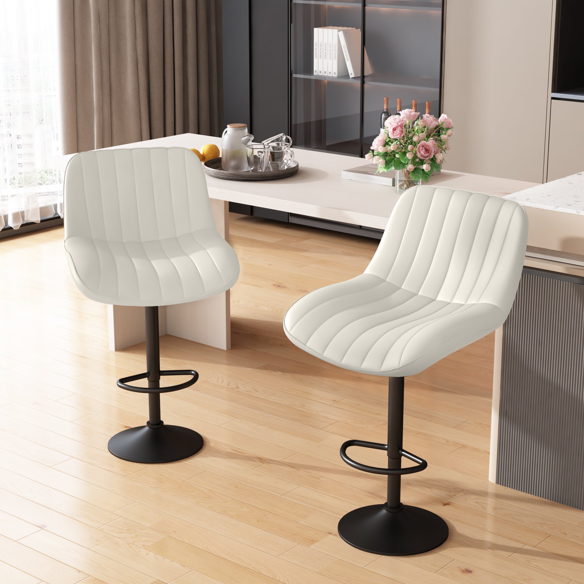 Modern Bar Stool Set Of 2, Adjustable Faux Leather Upholstered Swivel Counter Stools, Counter Height Barstools With Back For Kitchen Island White Metal