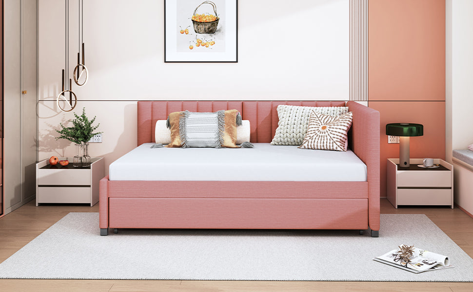 Full Size Upholstered Daybed With Trundle Sofa Bed Frame No Box Spring Needed, Linen Fabric Pink Full Pink Linen