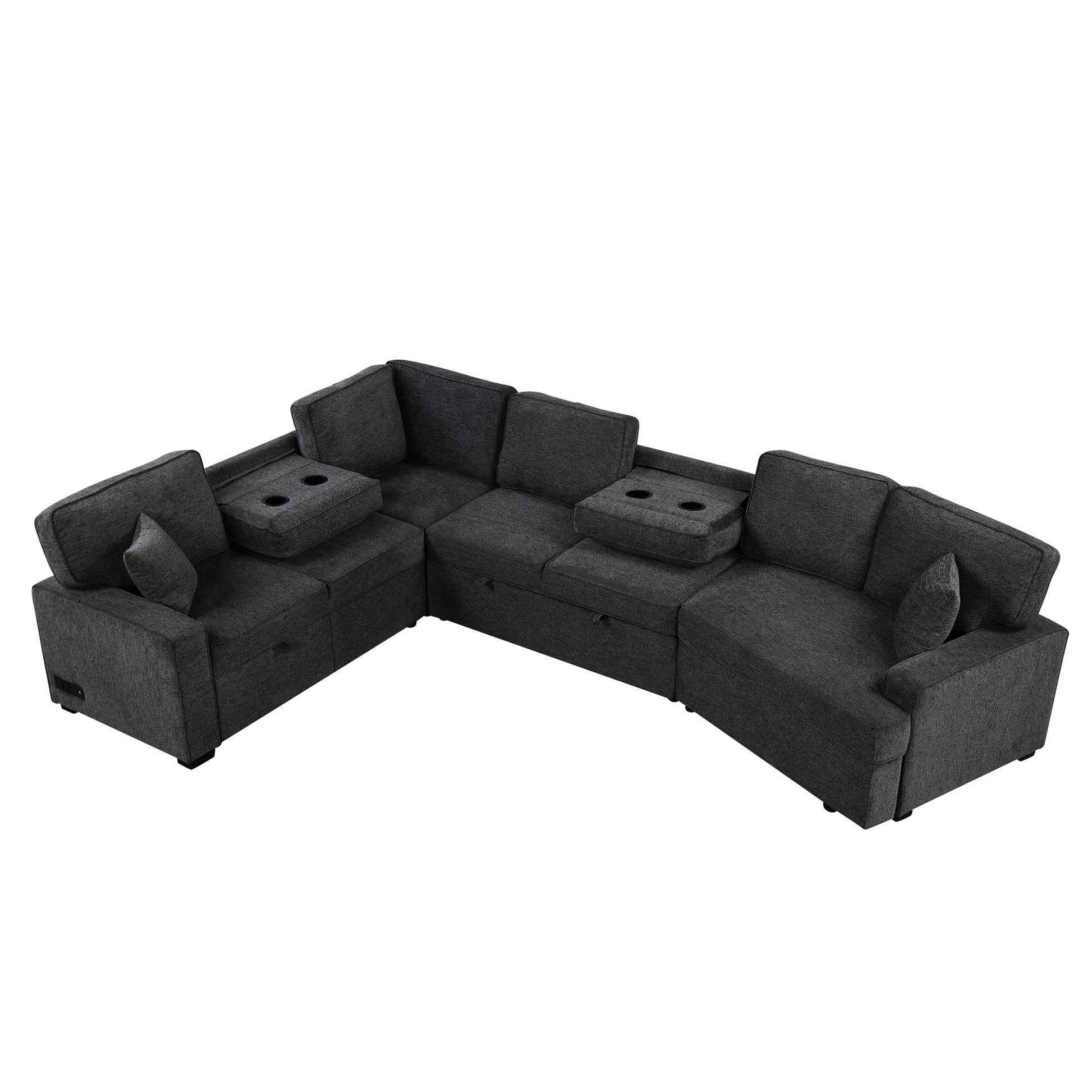 126" L Shaped Sofa Sectional Sofa Couch Pull Out Sofa Bed With Charging Devices And Cup Holders For Living Room, Blue Black Black Blue Foam Chenille 6 Seat