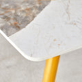 Modern Minimalist Dining Table. White Imitation Marble Pattern Sintered Stone Desktop With Golden Metal Legs.62.2