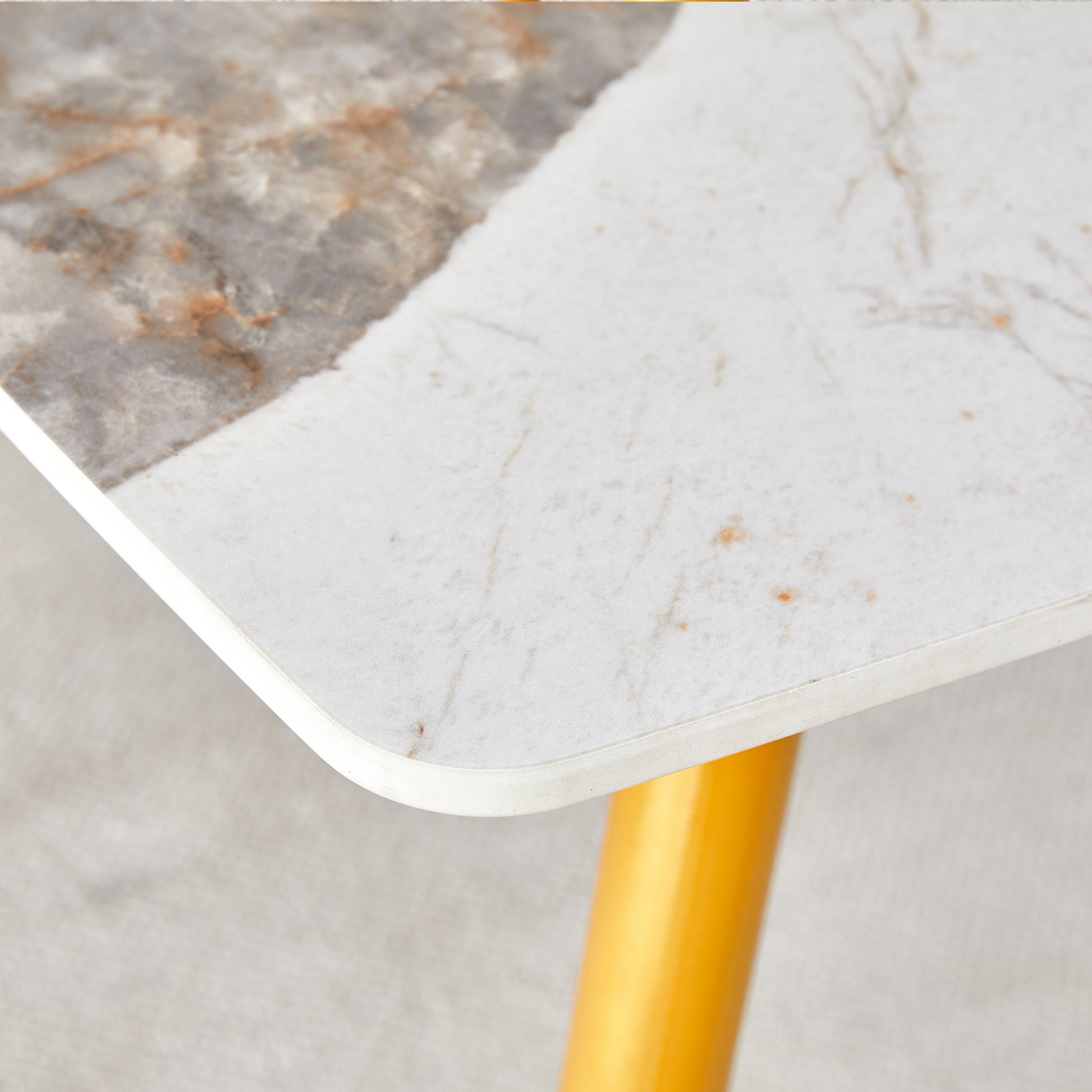 Modern Minimalist Dining Table. White Imitation Marble Pattern Sintered Stone Desktop With Golden Metal Legs.62.2"*34.6"*30" F 001 Gold Sintered Stone