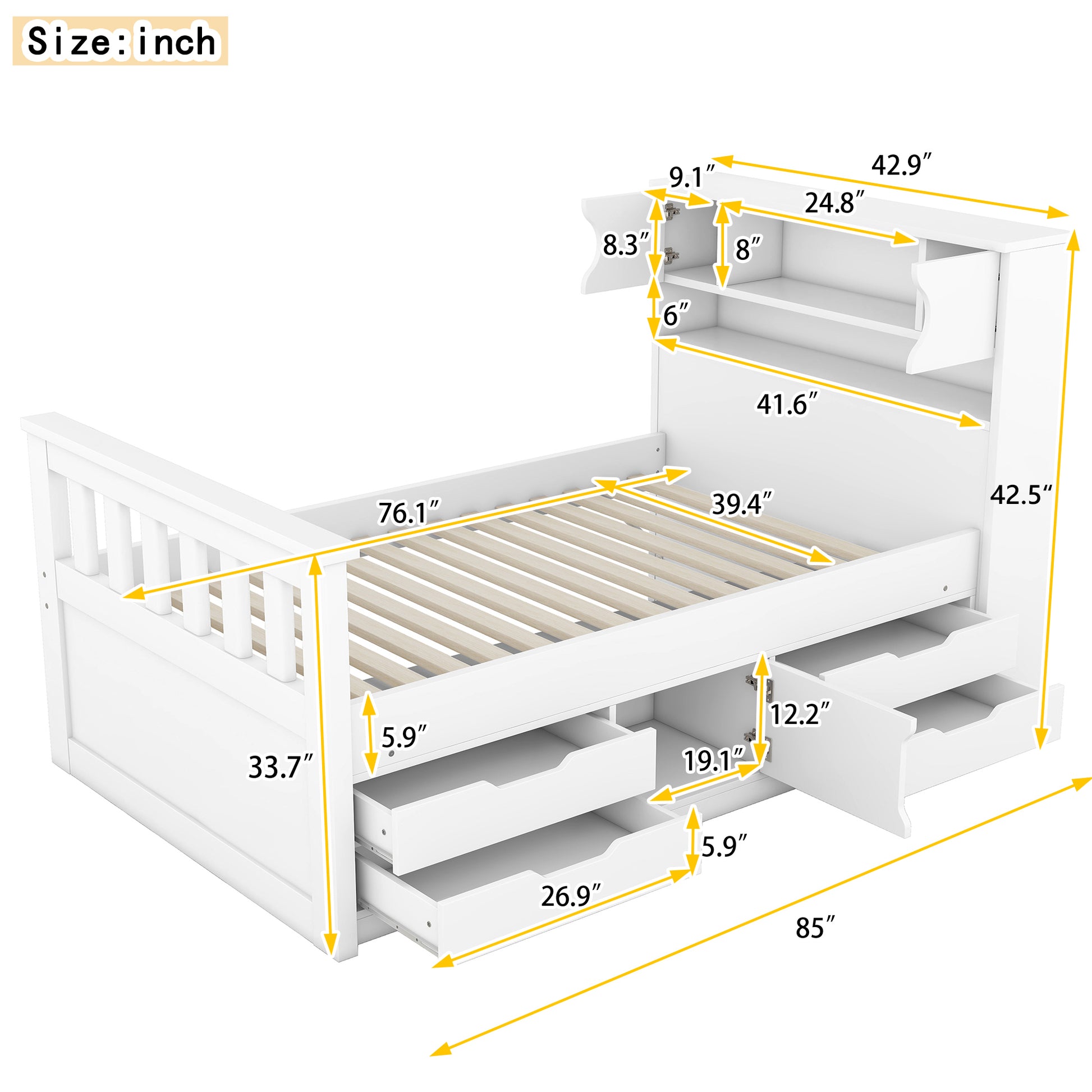 Twin Size Captain Platform Bed Frame With Storage Bookcases And Shelves,Four Drawers,White Twin White Solid Wood Mdf