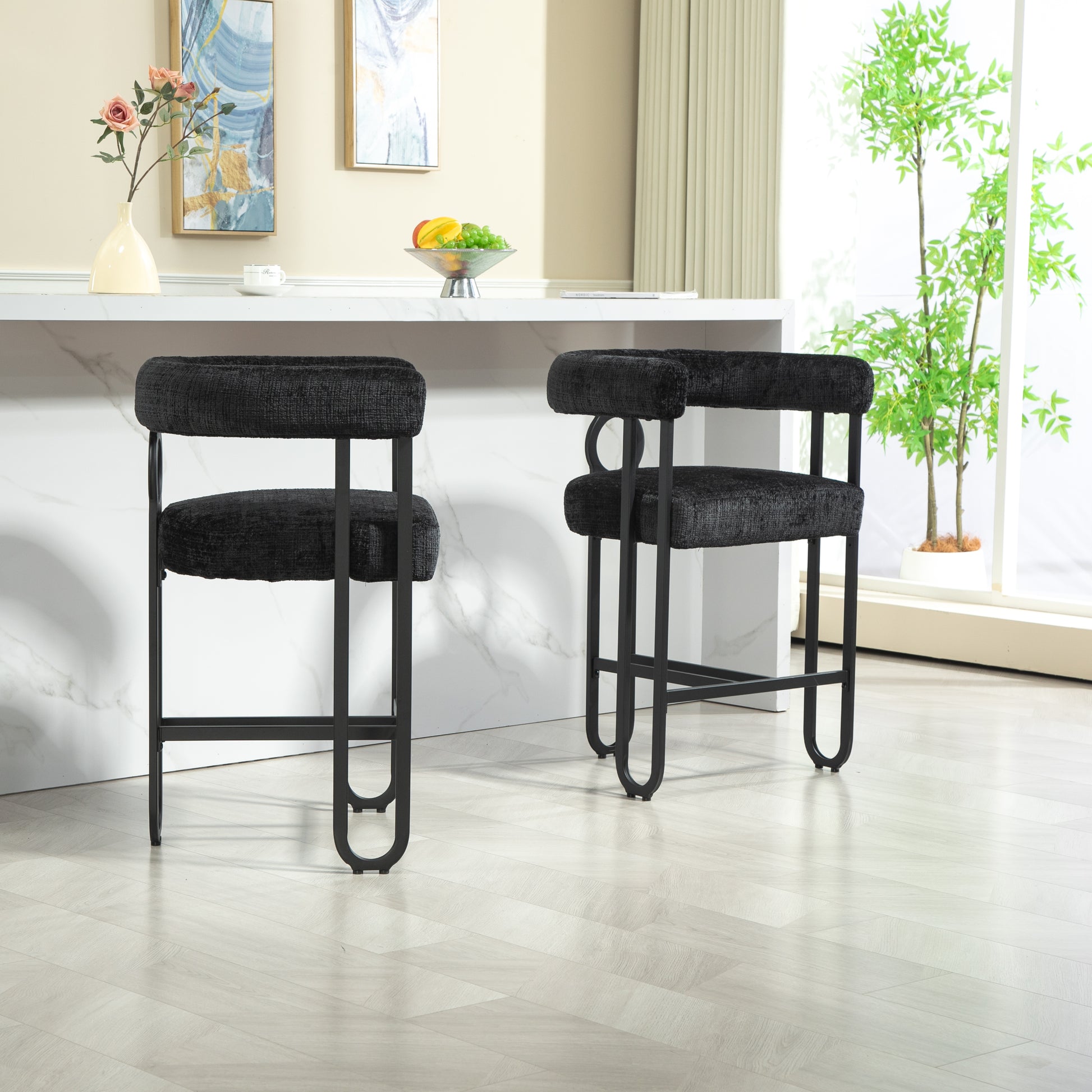 Coolmore Bar Stools Set Of 1, Modern Bar Stool With Back, Black Metal Frames, Upholstered Bar Stools For Kitchen Island, Pub, Club Black Chenille Black Primary Living Space Foam Chenille