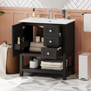 30Inch Transitional Style Bathroom Vanity Cabinet Combo With Ceramic Sink,Soft Close Door Black Bathroom Solid Wood Mdf