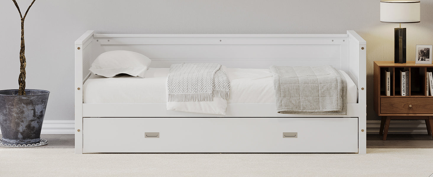 Twin Size Solid Wood Daybed With Trundle For Kids Teens Dorm Bedroom Multipurpose Guest Room Or Home, White Box Spring Not Required Twin White Wood Bedroom Pine Wood