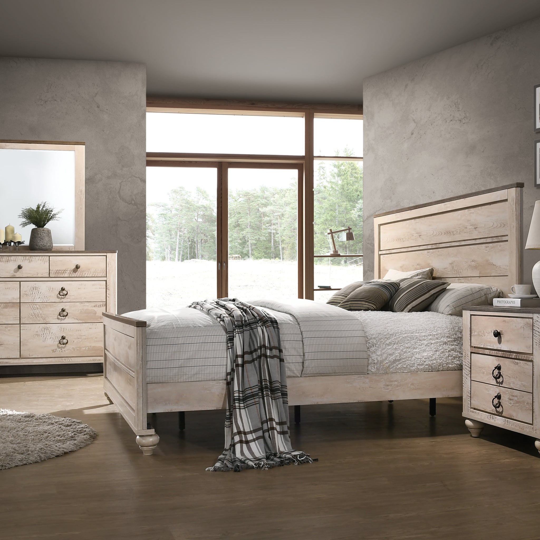 Imerland Contemporary White Wash Finish 4 Piece Bedroom Set King Bed, Dresser, Mirror And Nightstand Box Spring Required King Walnut Brown Wood Light Brown 4 Piece Set Bedroom Bed Included,Dresser Included,Mirror Included,Nightstand Included