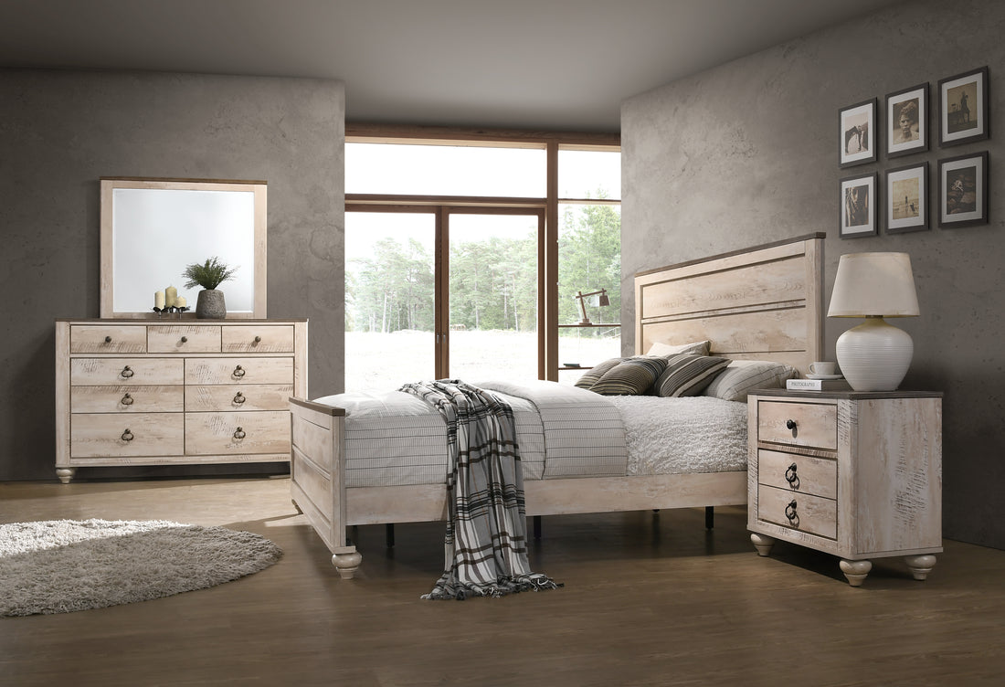 Imerland Contemporary White Wash Finish 4 Piece Bedroom Set King Bed, Dresser, Mirror And Nightstand Box Spring Required King Walnut Brown Wood Light Brown 4 Piece Set Bedroom Bed Included,Dresser Included,Mirror Included,Nightstand Included