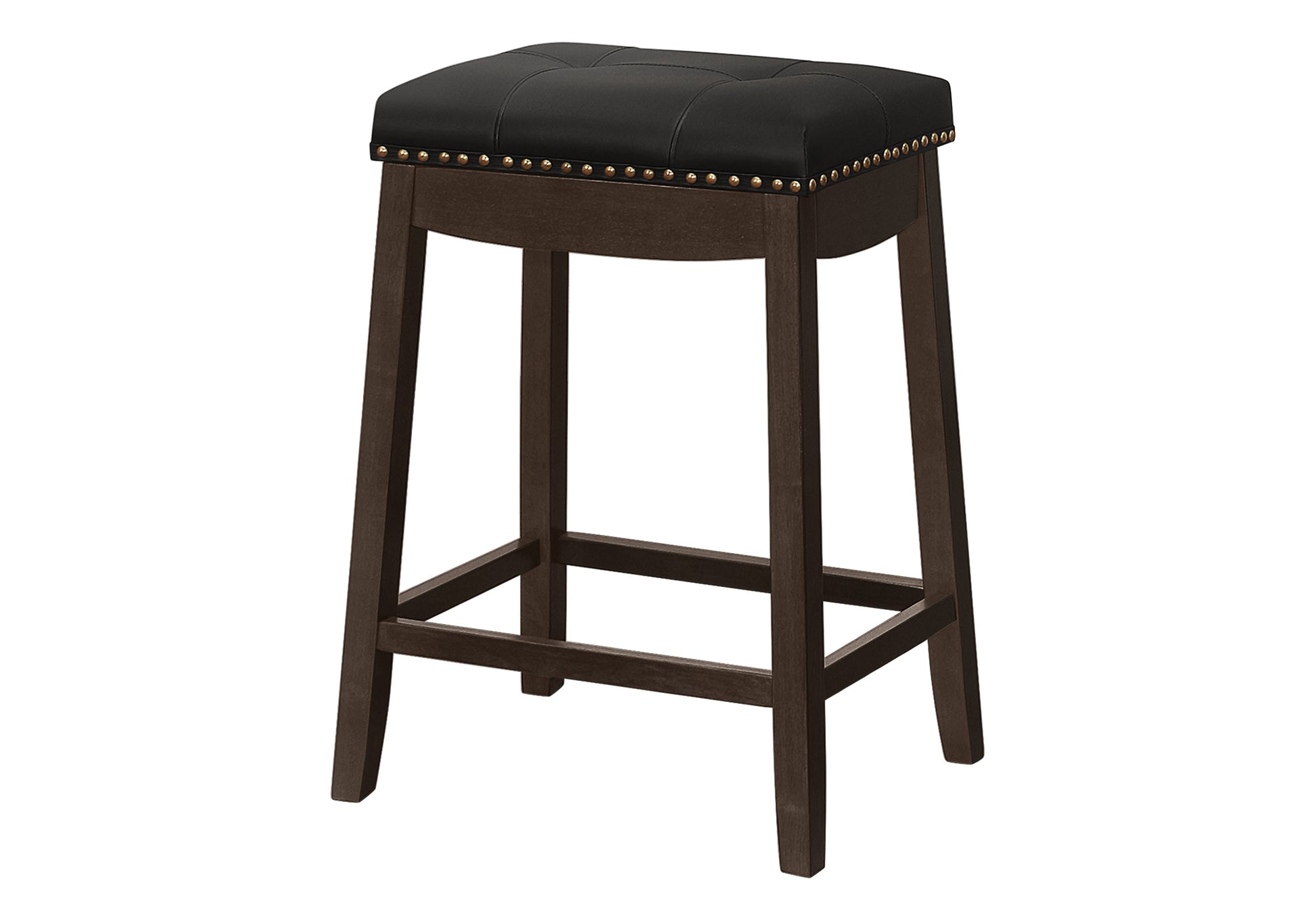 Bar Stool, Set Of 2, Counter Height, Saddle Seat, Kitchen, Brown Wood, Black Leather Look, Transitional Espresso Foam Solid Wood