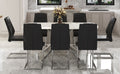 Table And Chair Set.Modern Luxurious White Marble Patterned Tempered Glass Dining Table With 8 Chairs.Single Fork Silver Metal Table Legs.Black Pu Dining Chairs With Silver Metal Legs. Black,Silver