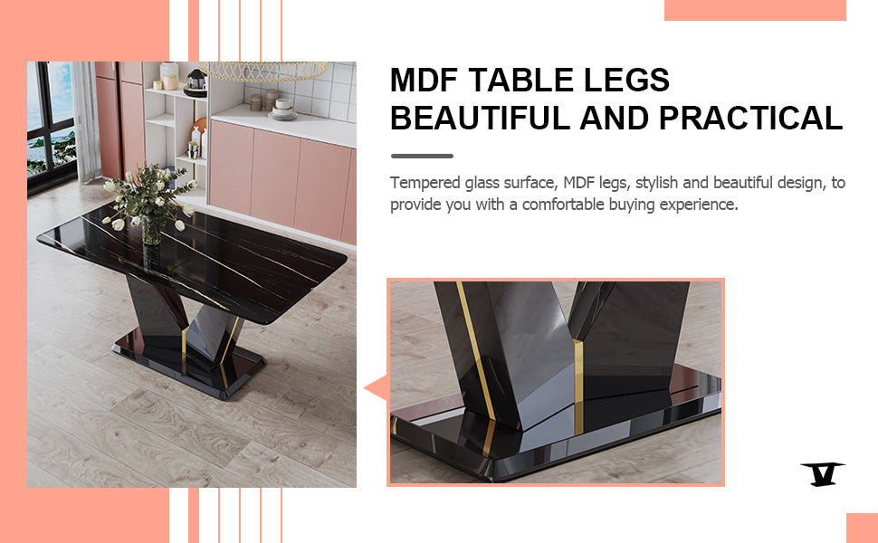 Table And Chair Set,Modern Minimalist Rectangular Dining Table, 0.4 Inch Thick, With A Black Imitation Marble Pattern Glass Desktop And Black Mdf Legs. Comfortable Pu Seats,Perfect For Dinner, Meet Black Seats 4 Mdf Glass