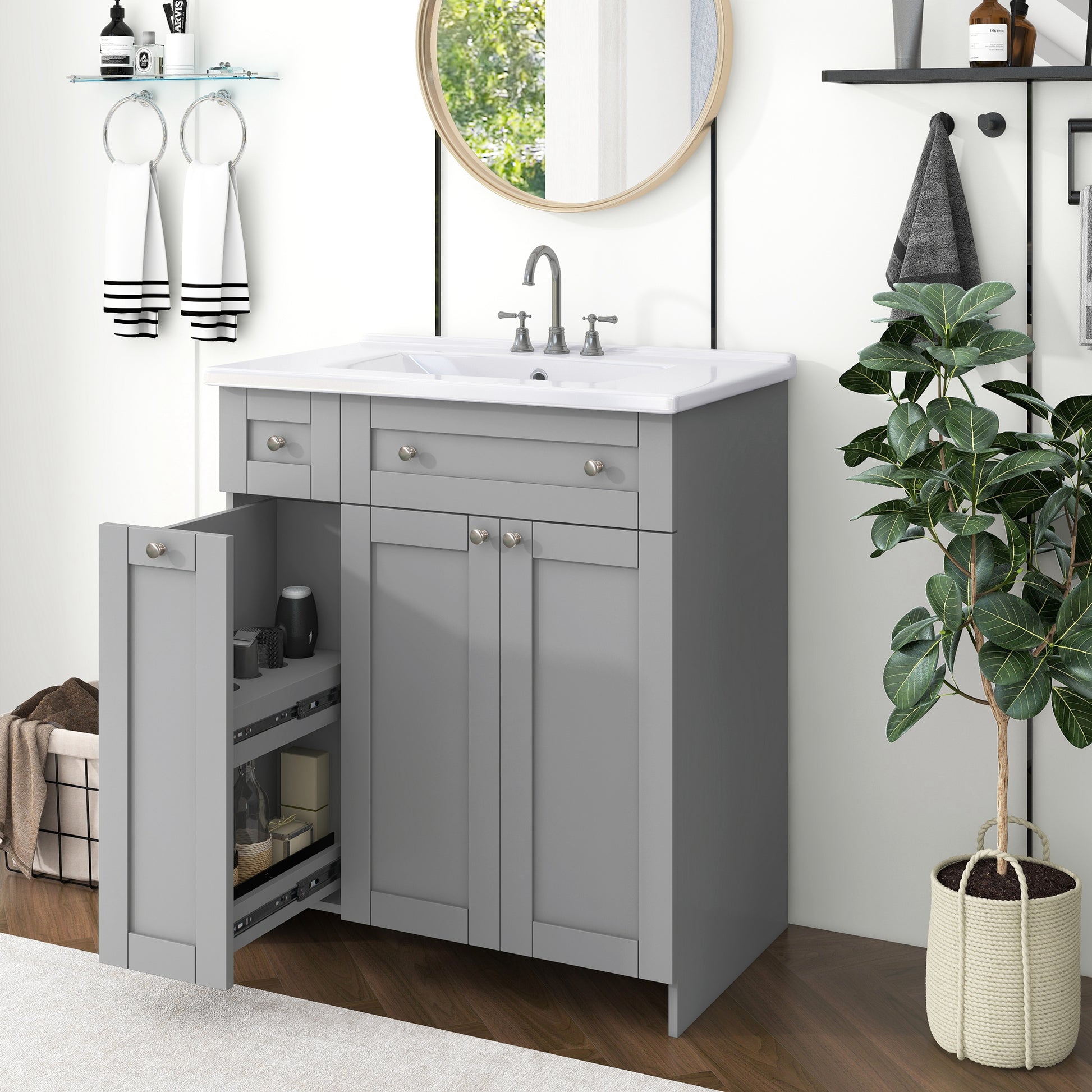 30 Inch Grey Bathroom Vanity With Ceramic Sink Combo, Abundant Storage Cabinet 2 Soft Close Doors And Double Tier Deep Drawer Grey Bathroom Mdf