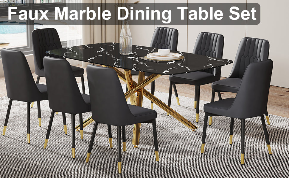 Large Modern Minimalist Rectangular Dining Table With 0.39 "Imitation Marble Black Tabletop And Golden Metal Legs, Paired With Chairs With Pu Cushions And Black Metal Legs. F 1537 C 007 Black Gold Glass Metal