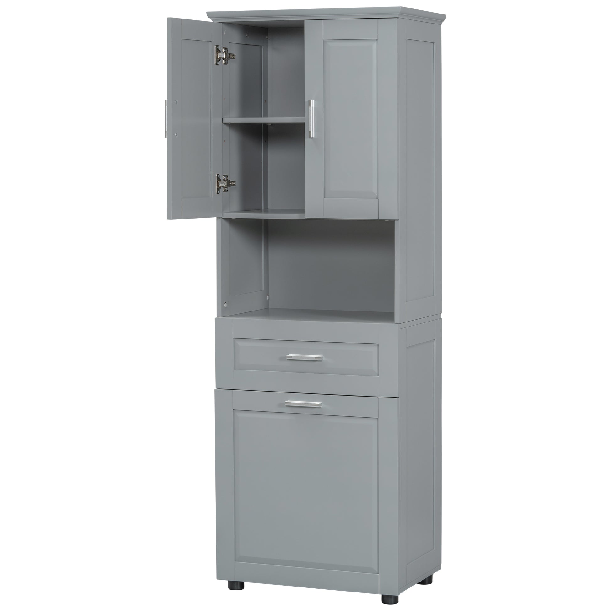 Tall Bathroom Cabinet With Laundry Basket, Large Storage Space Tilt Out Laundry Hamper And Upper Storage Cabinet, Grey Grey Mdf