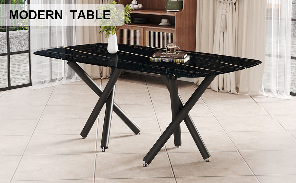 Large Modern Minimalist Rectangular Dining Table With 0.39 "Imitation Marble Black Tabletop And Black Metal Legs, Suitable For Kitchen, Dining Room, Living Room, Conference Room, And Banquet Hall