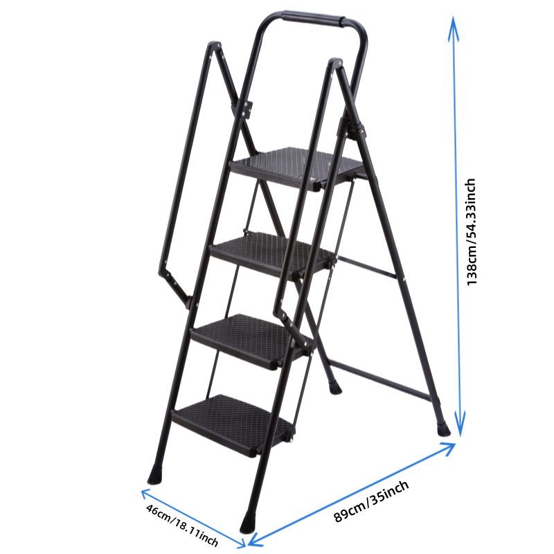 Four Step Ladder, Lightweight Folding Four Step Stool, Wide Anti Slip Pedal And Safety Handle, Sturdy Steel Ladder, Multi Purpose Step Ladder, Suitable For Home, Kitchen, And Office Elevators Black Iron Plastic