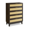 Bedroom 5 Drawer Dresser, Rattan Dresser Modern Wooden Chest Of Drawers With Spacious Storage Space For Bedroom Hallway Living Room Walnut Solid Wood Mdf