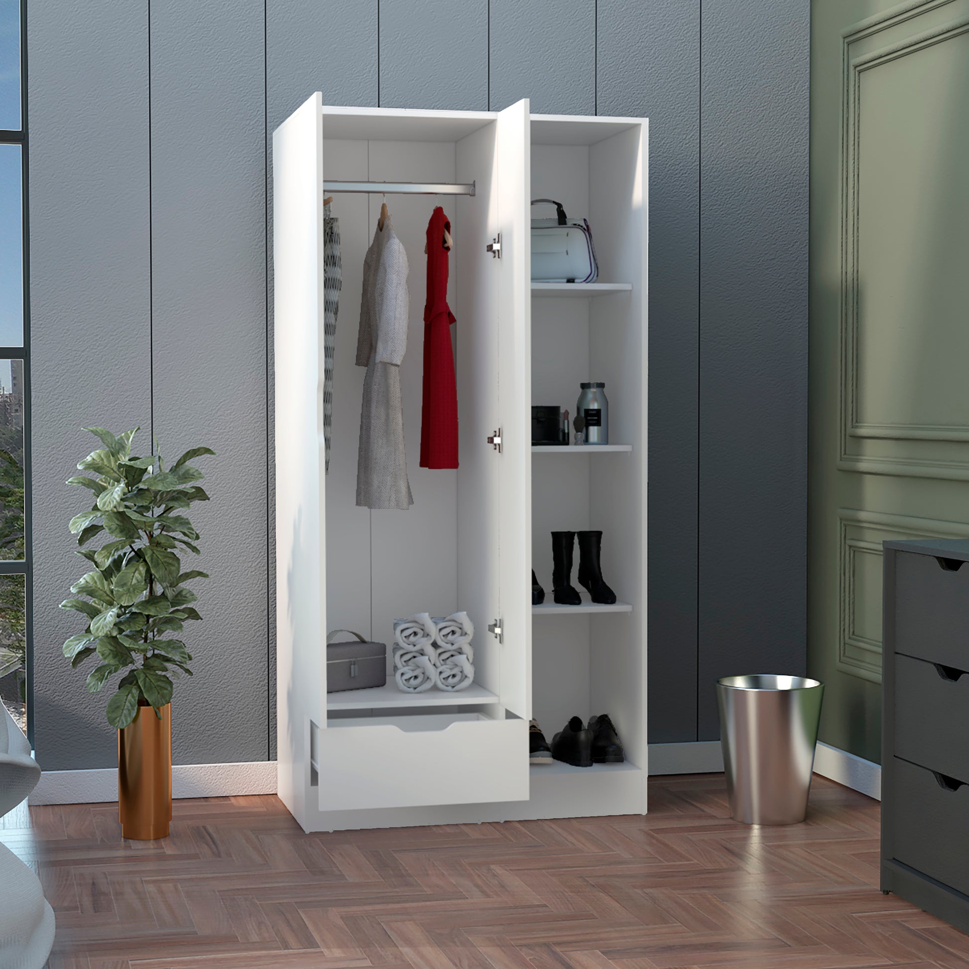 Memphis Wardrobe Armoire With 4 Tier Storage Shelves And 1 Drawer White White Particle Board