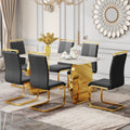 Table And Chair Set, Rock Plate Table Top, Gold Metal Table Legs, Stable And Beautiful, Suitable For Most Home Styles. Modern Simple Dining Table, Comfortable Seating. Grey Gold Seats 6 Sintered Stone