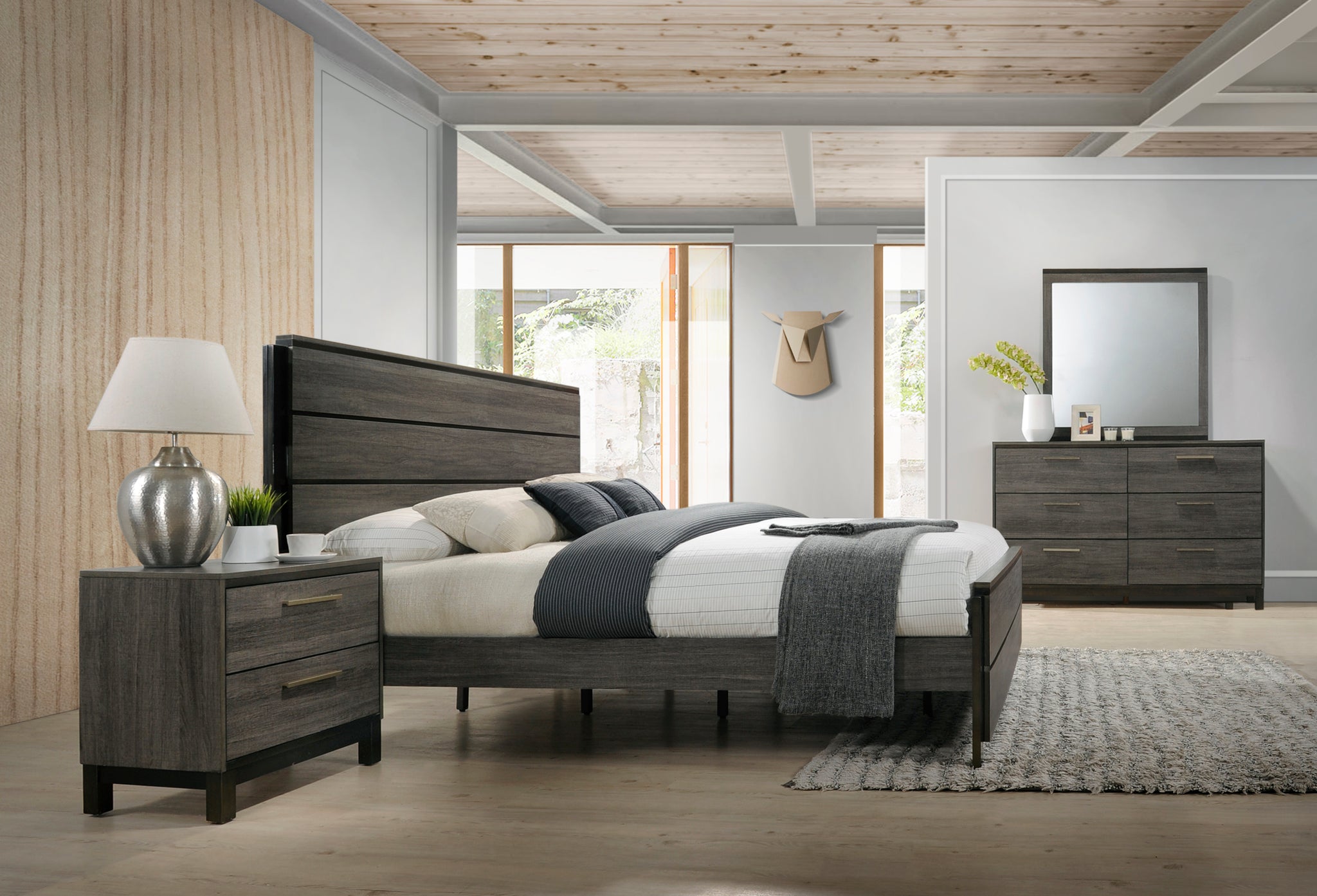 Ioana Antique Grey Finish Wood Bed Room Set, Queen Size Bed, Dresser, Mirror, Night Stand Box Spring Required Queen Gray Wood Gray 4 Piece Set Bedroom Bed Included,Dresser Included,Mirror Included,Nightstand Included Contemporary,Modern Rubberwood Low