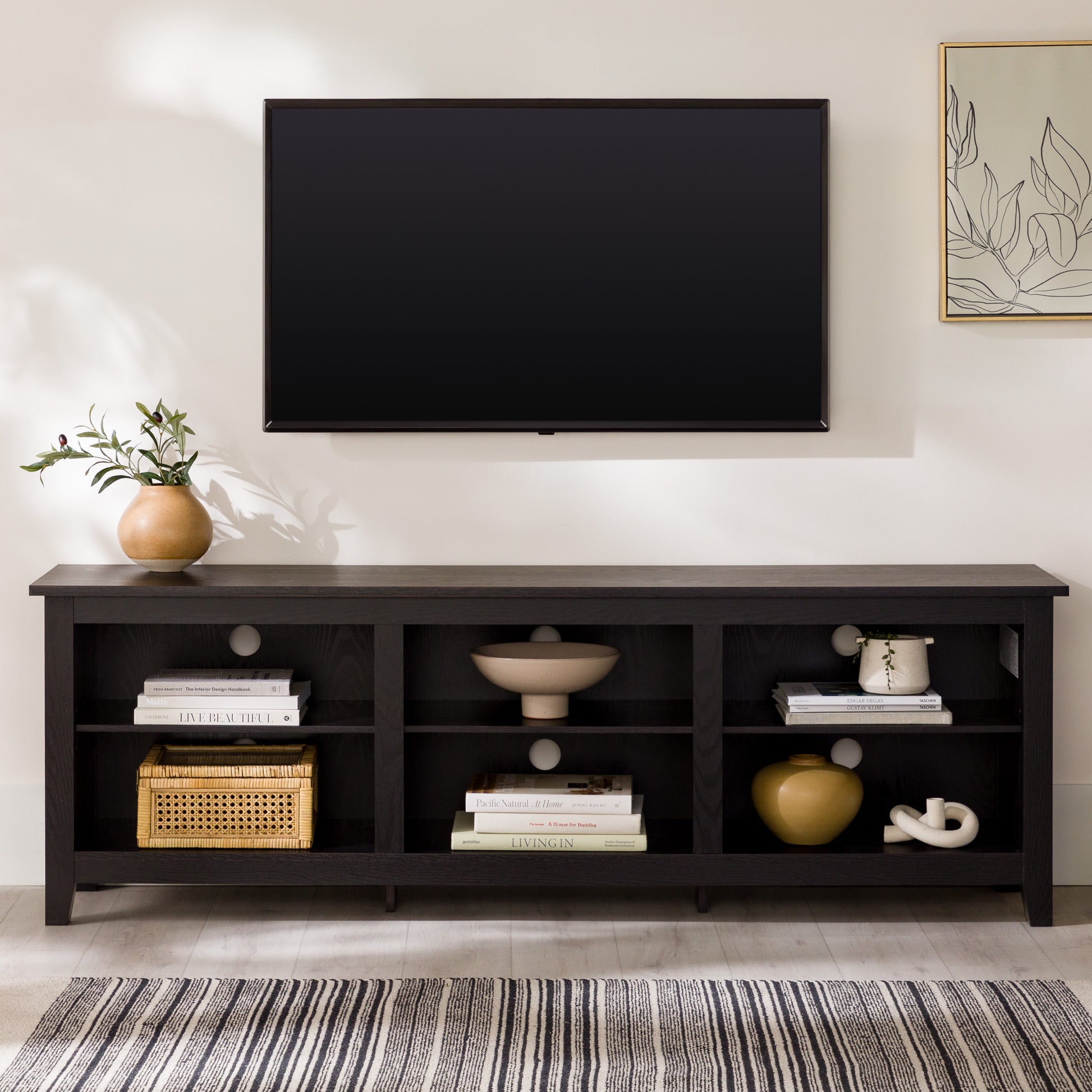 Modern Transitional 3 Shelf Open Storage 70" Tv Stand For 80" Tvs Black Black Mdf