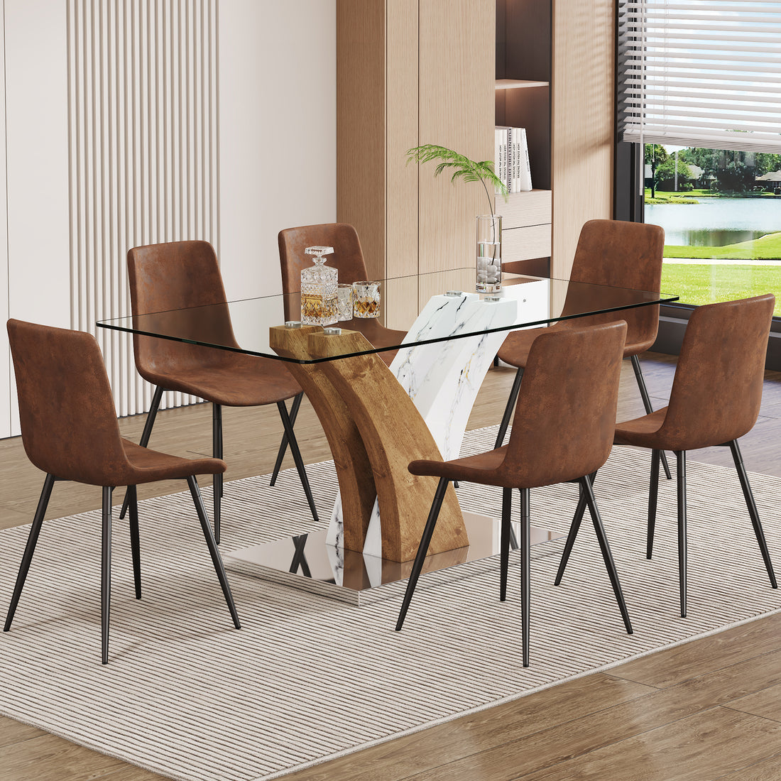 Table And Chair Set.Modern Dining Table, Tempered Glass Countertop With Artistic Mdf Legs.Paried With 6 Brown Chairs With Suede Backrests And Black Metal Legs.Suitable For Various Styles. Black Brown,Transparent Seats 6 Mdf Metal