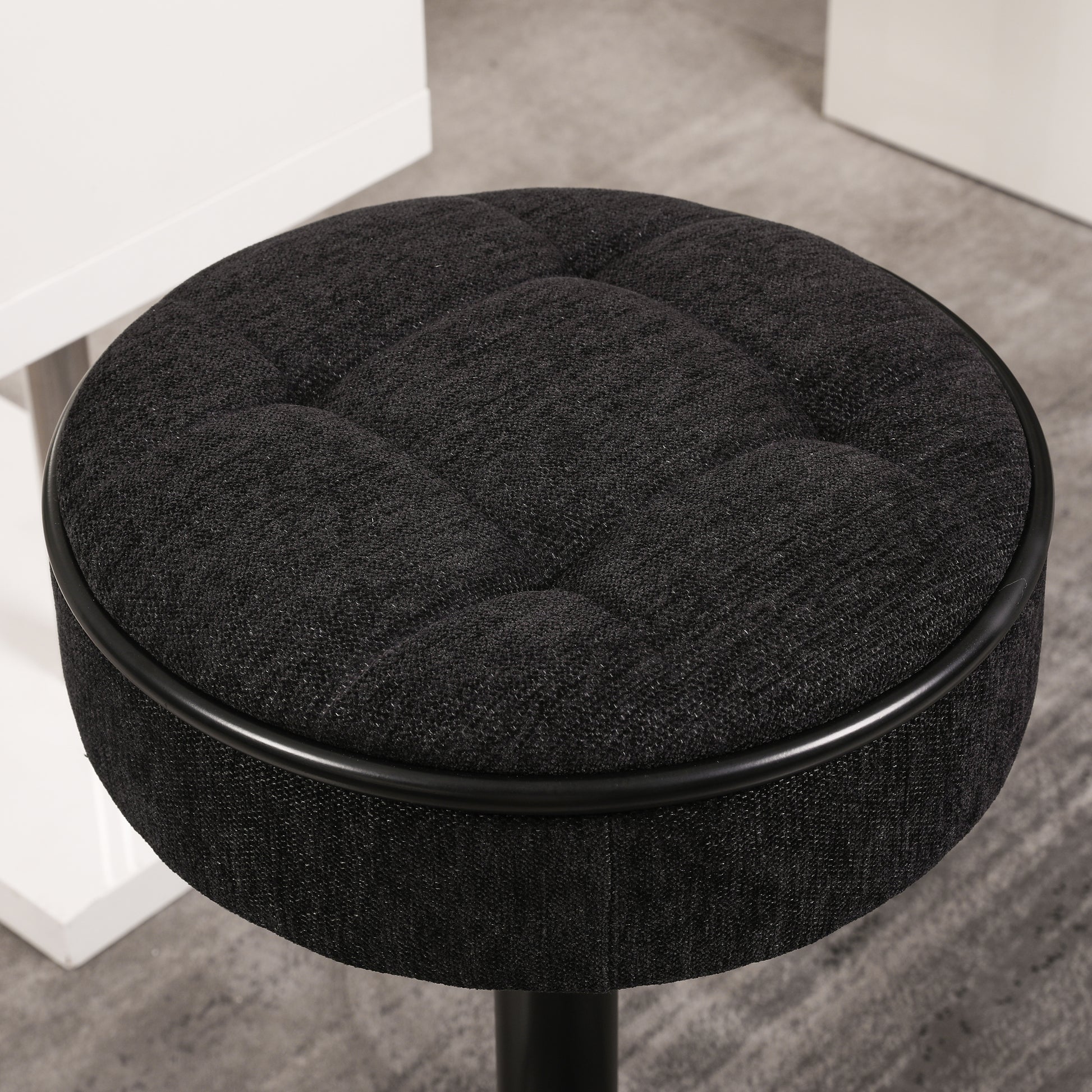 Round Storage Bar Stool Set Of 2, Black Linen Height Adjustable Barstool, 360 Counter Height Swivel Stool, Armless Bar Chair With Metal Frame For Kitchen Counter Dining Living Room Black Set Of 2 Foam Linen