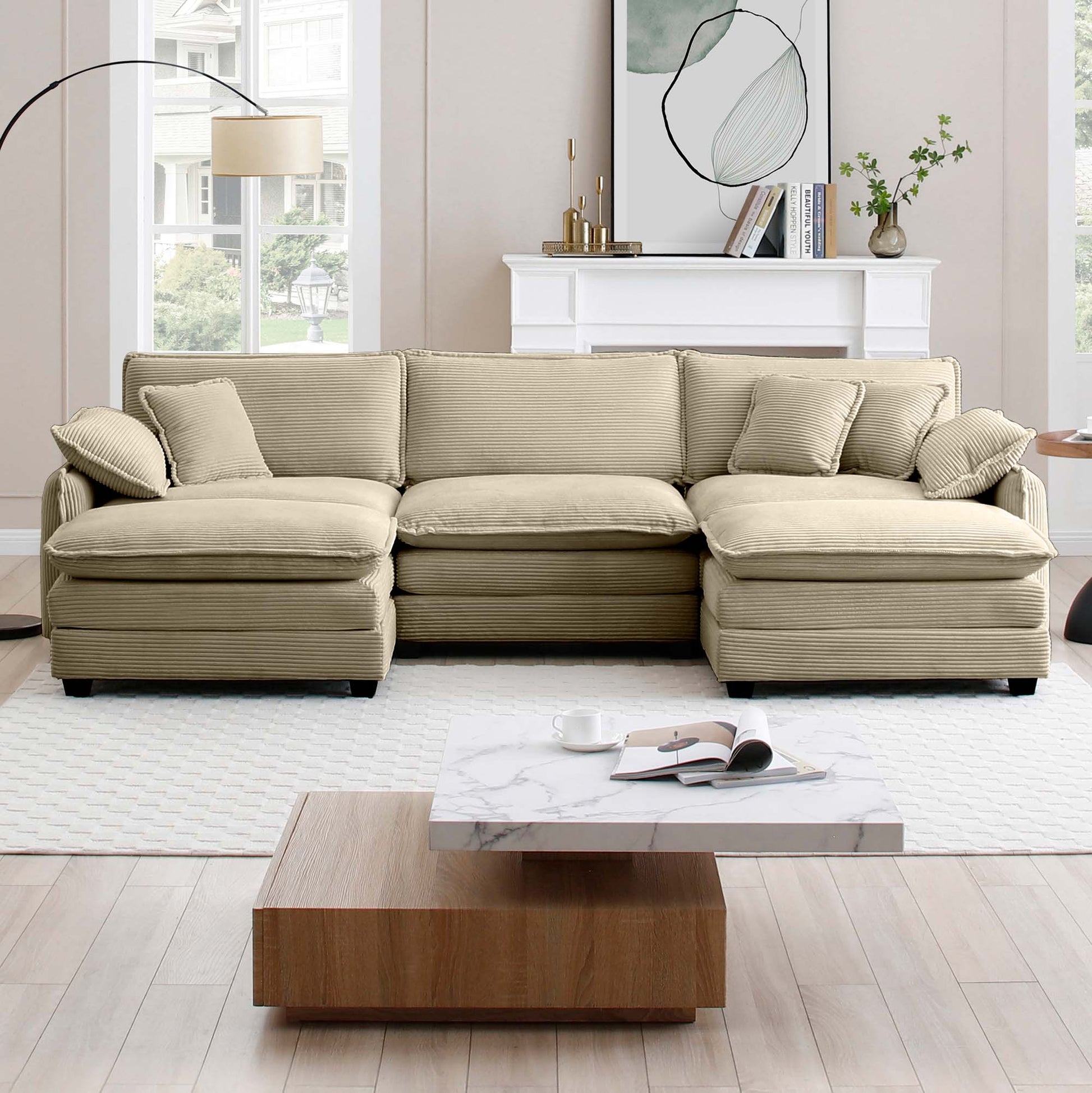 Oversized Modular Cushioned Sofa With Conversible Ottoman, 3 Seater Sofa With 2 Footstools, U Shape Sofa In Camel Corduroy Fabric Camel Corduroy 3 Seat