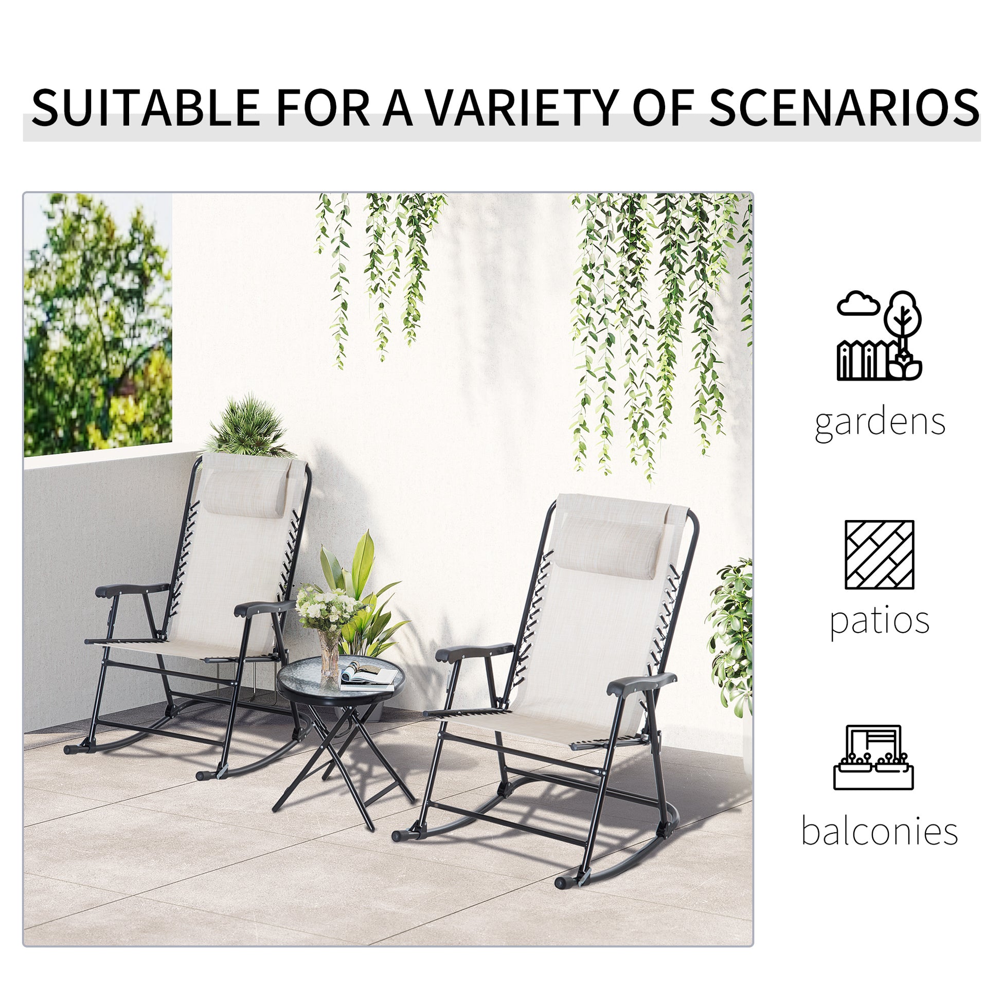 Outsunny 3 Piece Outdoor Rocking Chair Set, Patio Folding Lawn Rocker Set With Glass Coffee Table, Headrests For Yard, Patio, Deck, Backyard, Cream White Cream White Fabric