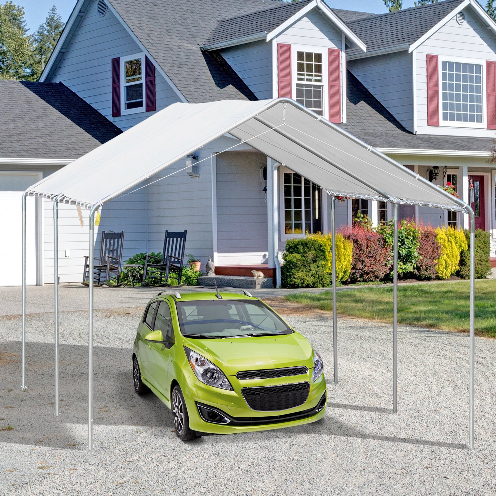 Outsunny 10'X20' Carport Heavy Duty Galvanized Car Canopy With Included Anchor Kit, 3 Reinforced Steel Cables, White White Steel