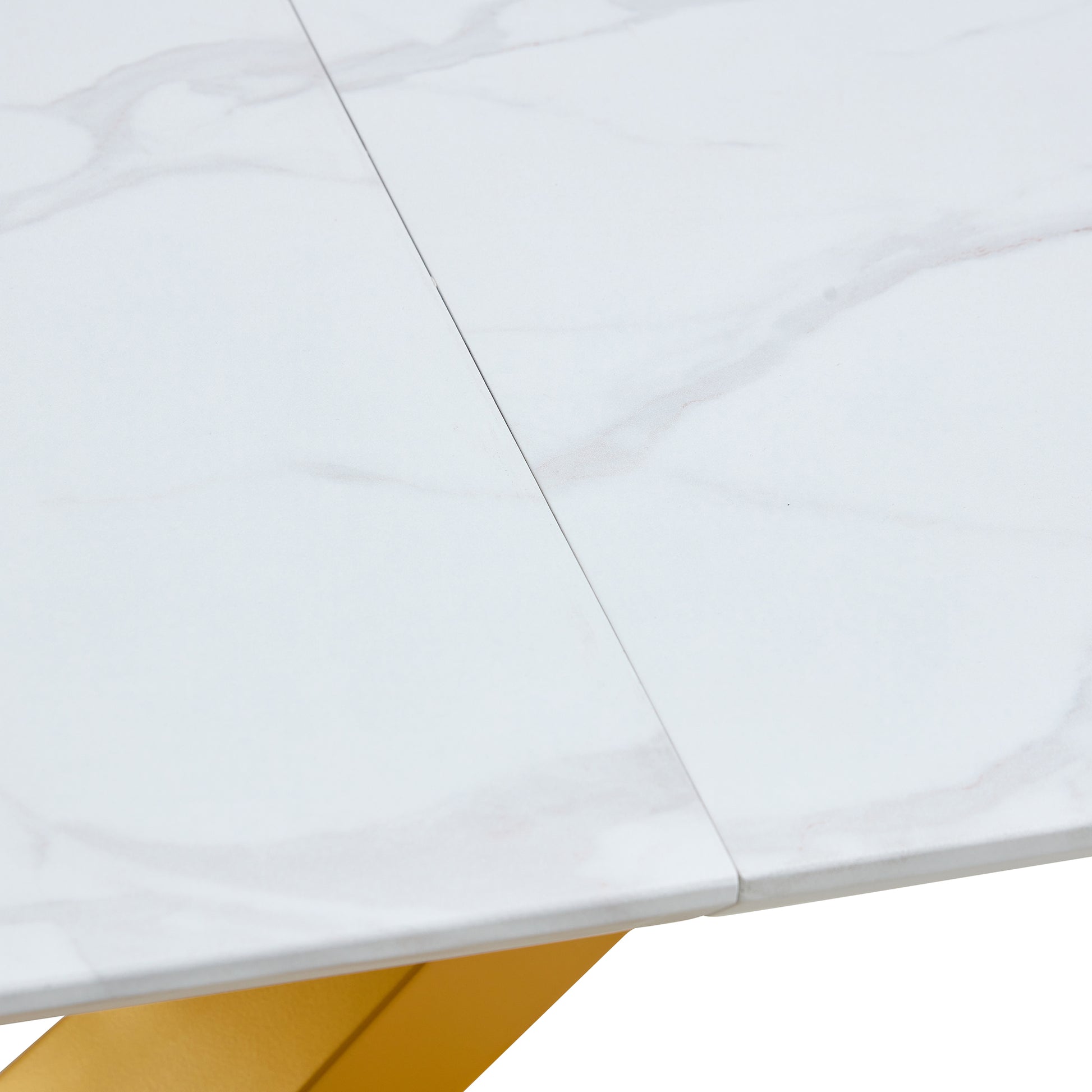 Table And Chair Set,Large Modern Minimalist Rectangular White Imitation Marble Dining Table With Mdf Top And Golden Legs,Dining Chairs,Gold Legged Upholstered Chairs Made Of Artificial Leather. Black Gold Seats 4 Mdf