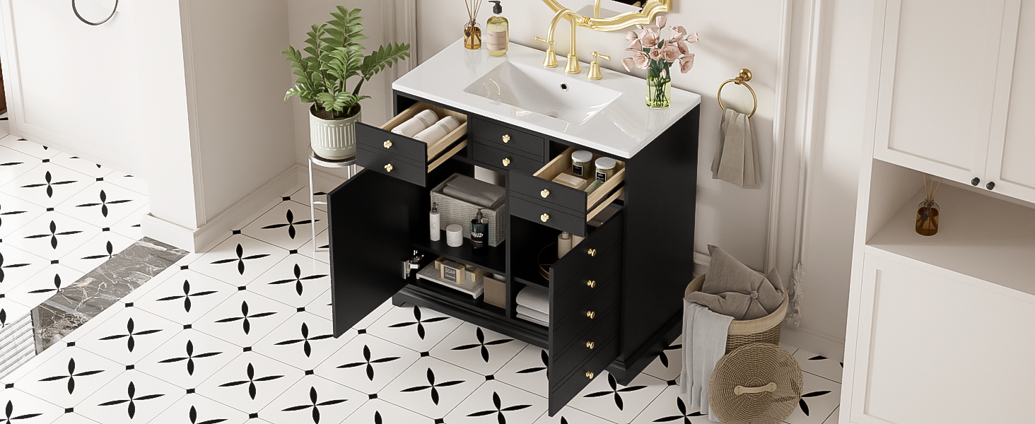 36'' Bathroom Vanity With Resin Sink Combo, Solid Wood Frame Bathroom Storage Cabinet, Freestanding Vanity Set With 2 Drawers& Soft Closing Doors, Black Black Bathroom Solid Wood Mdf Resin