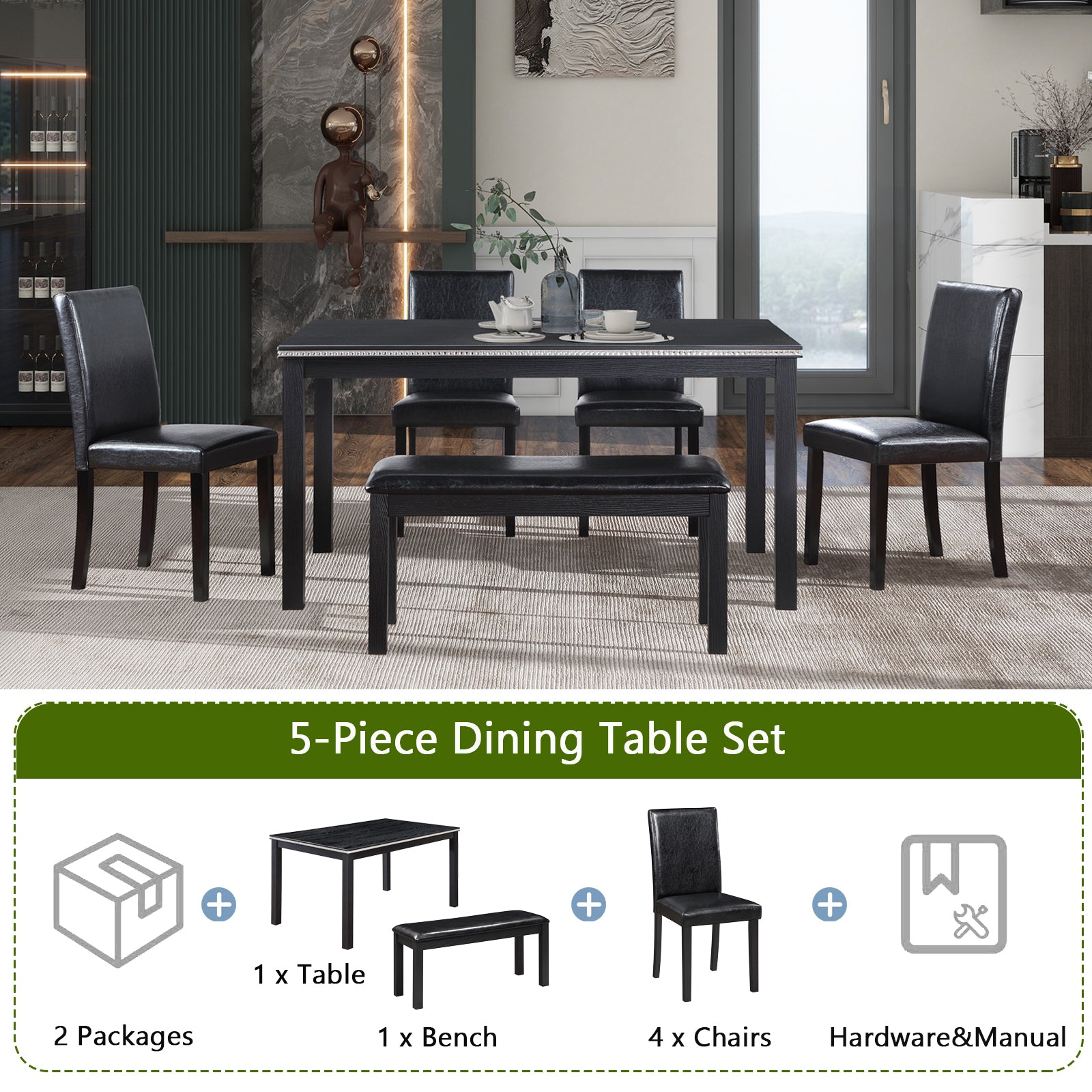 Wooden Dining Rectangular Table With Bench, Kitchen Table With Bench For Small Space, 6 Person Dining Table, Black Black Seats 6 Dining Room Rectangular 4 Leg Rectangular Dining Table With Chair And Bench Solid Wood Mdf