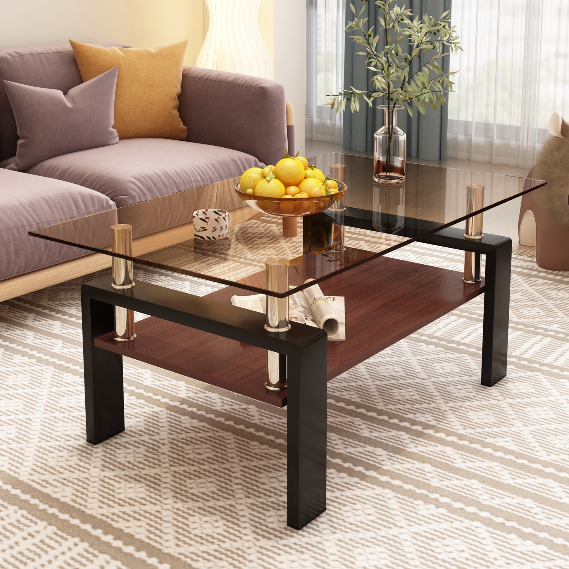 Rectangle Coffee Table, Tempered Glass Tabletop With Mdf Layer, Modern Table For Living Roombrown Glass Brown Black Tempered Glass