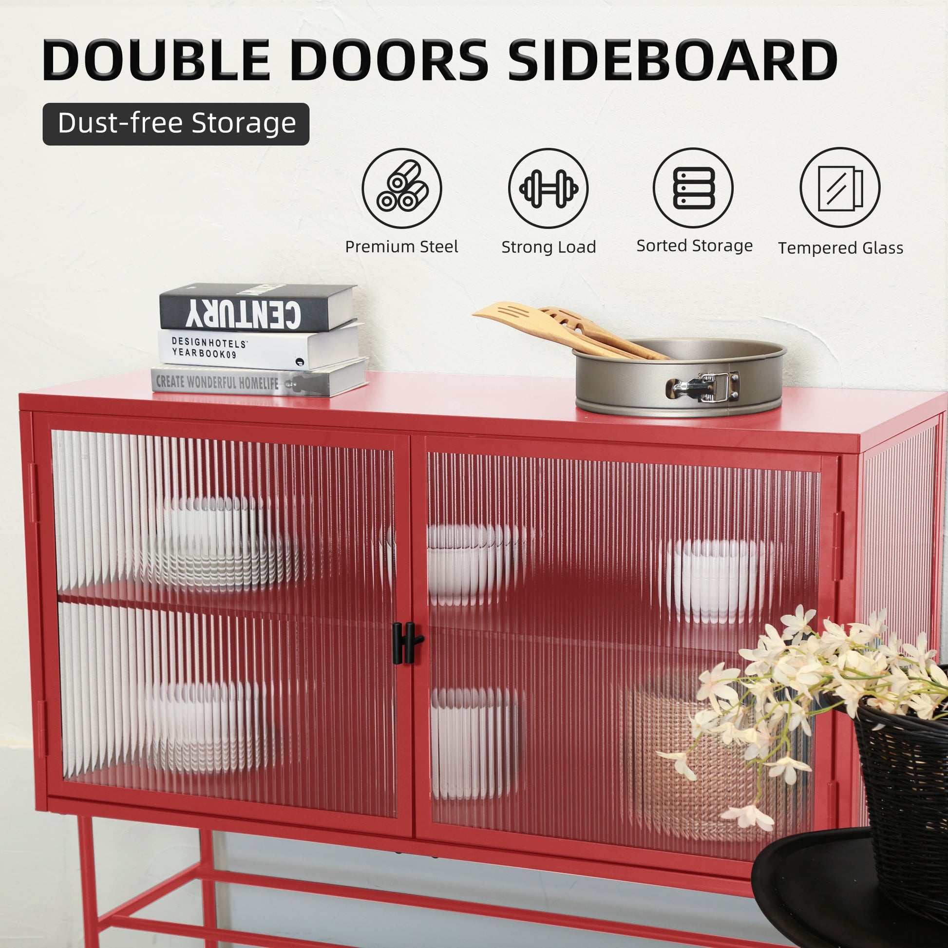 Red Sideboard Storage Cabinet With Two Fluted Glass Doors Detachable Shelves Bottom Space For Living Room, Office, Dinging Room And Entryway Old Sku:W68751711 Red Steel