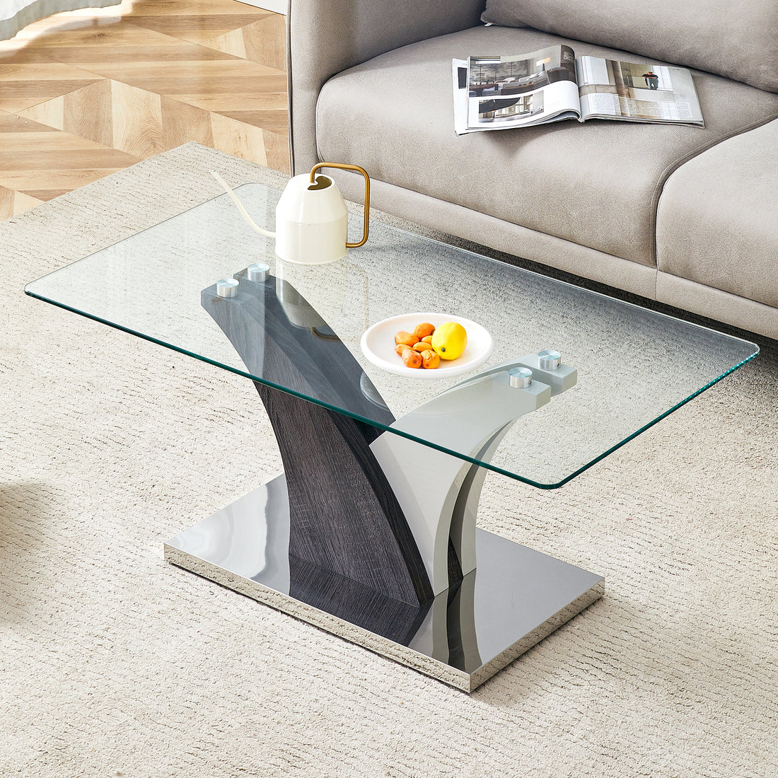 Rectangular Coffee Table.Tempered Glass Countertop, And Artistic Mdf Legs,Perfect For Hosting Dinners, Conferences, Home, And Office Decorations.White And Gray,Dining Table,Tea Table.Coffee Table.