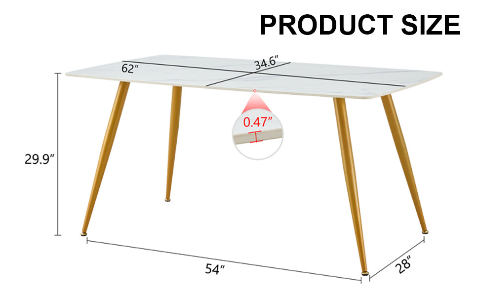 Modern Minimalist Dining Table. White Imitation Marble Pattern Sintered Stone Desktop With Golden Metal Legs.62"*34.6"*29.9" F 001 Gold Sintered Stone