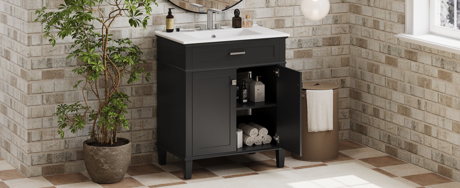 30 Inch Bathroom Vanity With Ceramic Basin, Soft Close Door And Adjustable Shelves Black Bathroom Solid Wood Mdf