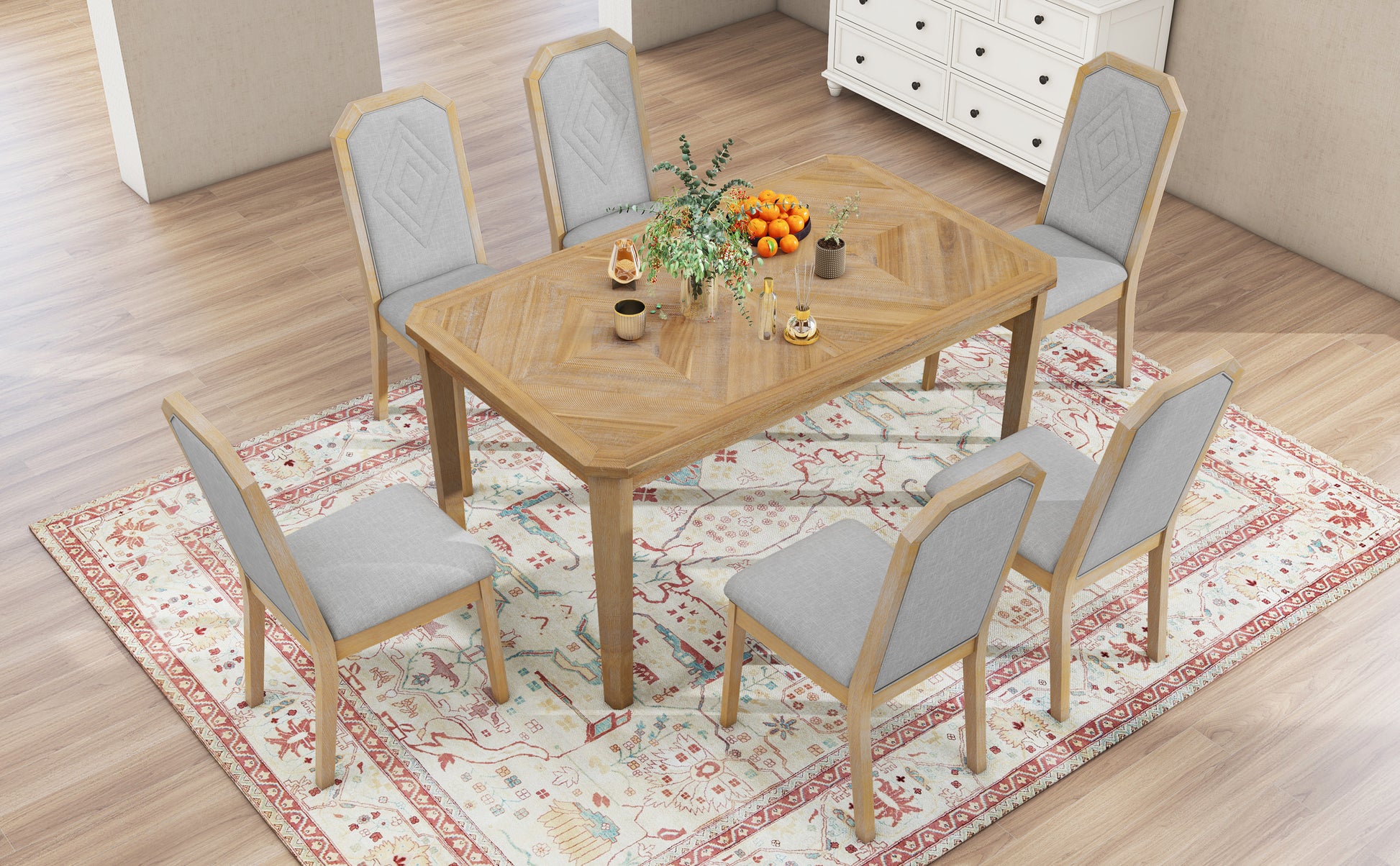 7 Piece Farmhouse Dining Set Classic Rustic Table And 6 High Back Design Chairs For Dining Room, Kitchen Natural Wood Wash Natural Wood Wash Solid Wood Mdf