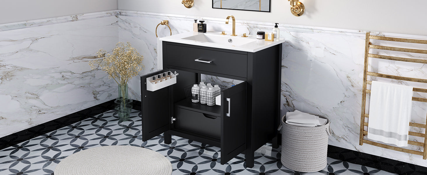 30 Inch Bathroom Vanity With Ceramic Sink And Large Storage The Perfect Choice For Small Bathrooms Black Bathroom Solid Wood Mdf