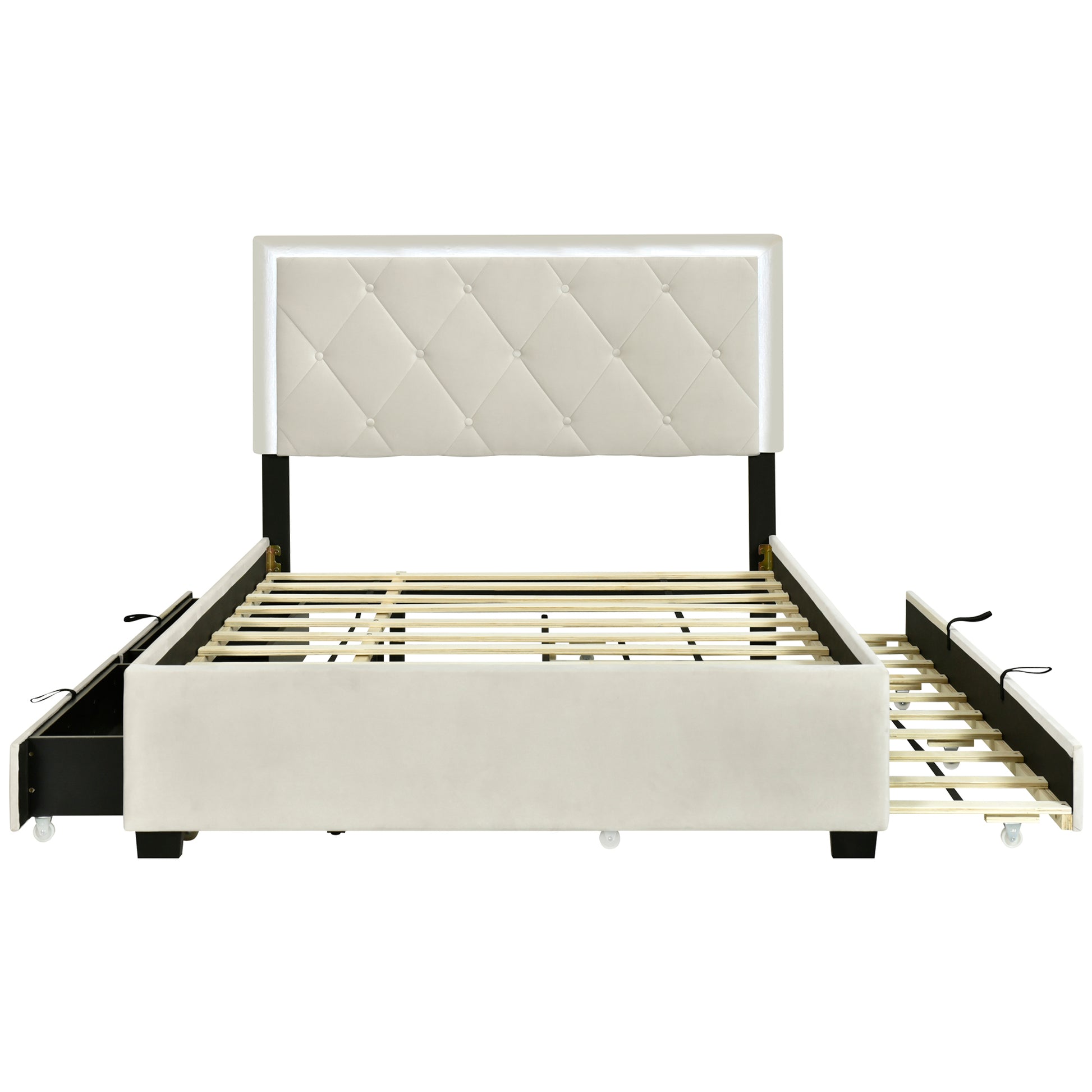 Full Size Velvet Storage Platform Bed, With 2 Big Drawers, T Size Trundle And Led Light, Beige Beige Velvet