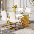 Table And Chair Set, Rock Plate Table Top, Gold Metal Table Legs, Stable And Beautiful, Suitable For Most Home Styles. Modern Simple Dining Table, Comfortable Seating. White Gold Seats 4 Sintered Stone