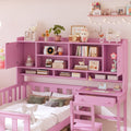 Twin Size Multifunctional Wood Platform Bed With Bookshelf At The Head Of The Bed, Built In Desk And Matching Chair, Pink Twin Pink Wood