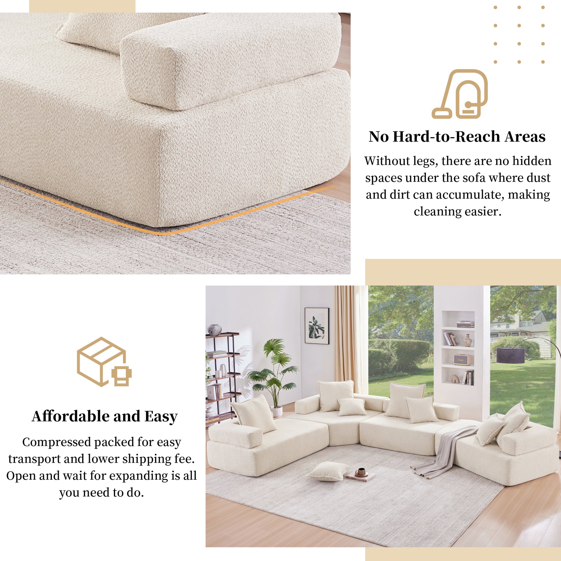 Corner Frame For Oversized Modular U Shaped Sectional Sofa,Luxury Boucle Floor Couch Set,Convertible Sleeper Couch,Spacious Foam Filled Sofa Bed For Living Room Beige Boucle 1 Seat